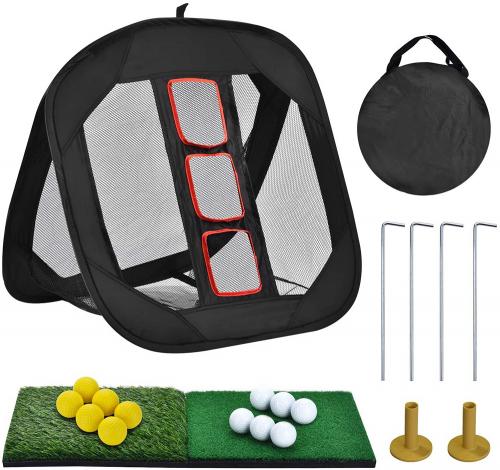 Golf practice net with chipping pad delingolf